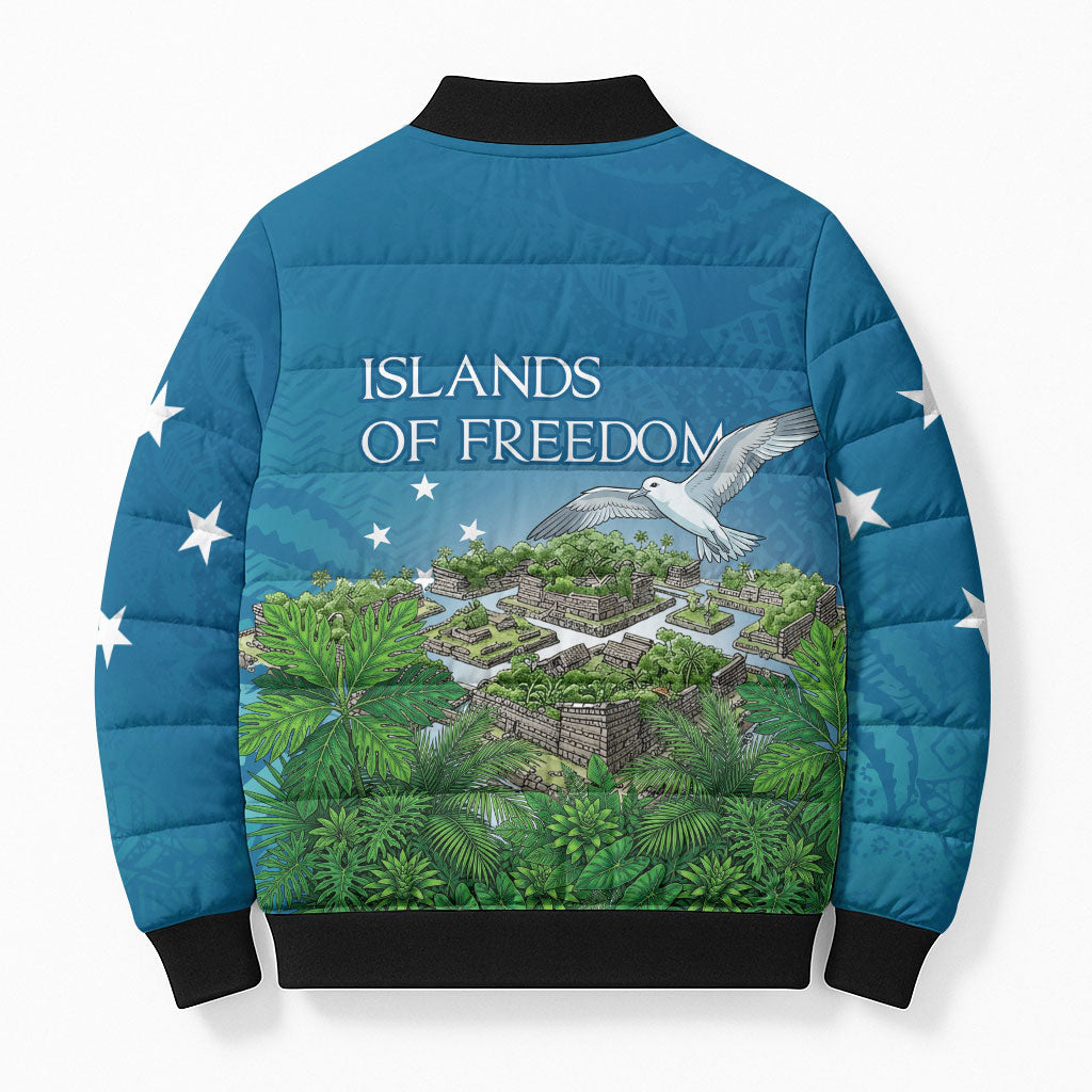 Micronesia Independence Day Bomber Puffer Jacket FSM Patriotic Pacific Island Nan Madol Ruins Seabird Tropical