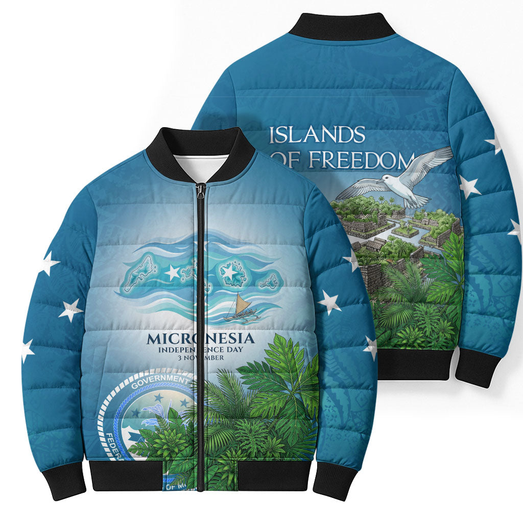 Micronesia Independence Day Bomber Puffer Jacket FSM Patriotic Pacific Island Nan Madol Ruins Seabird Tropical