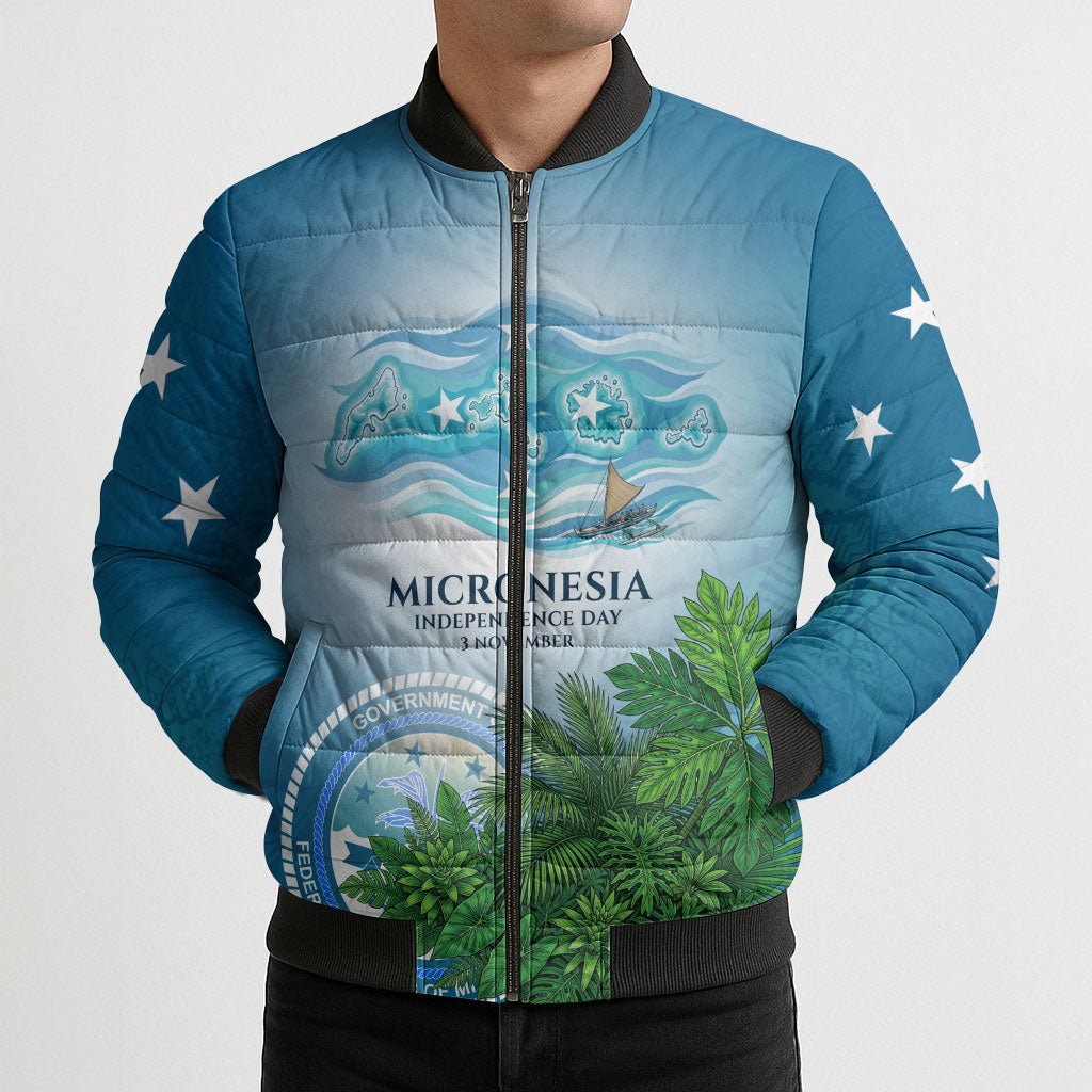 Micronesia Independence Day Bomber Puffer Jacket FSM Patriotic Pacific Island Nan Madol Ruins Seabird Tropical