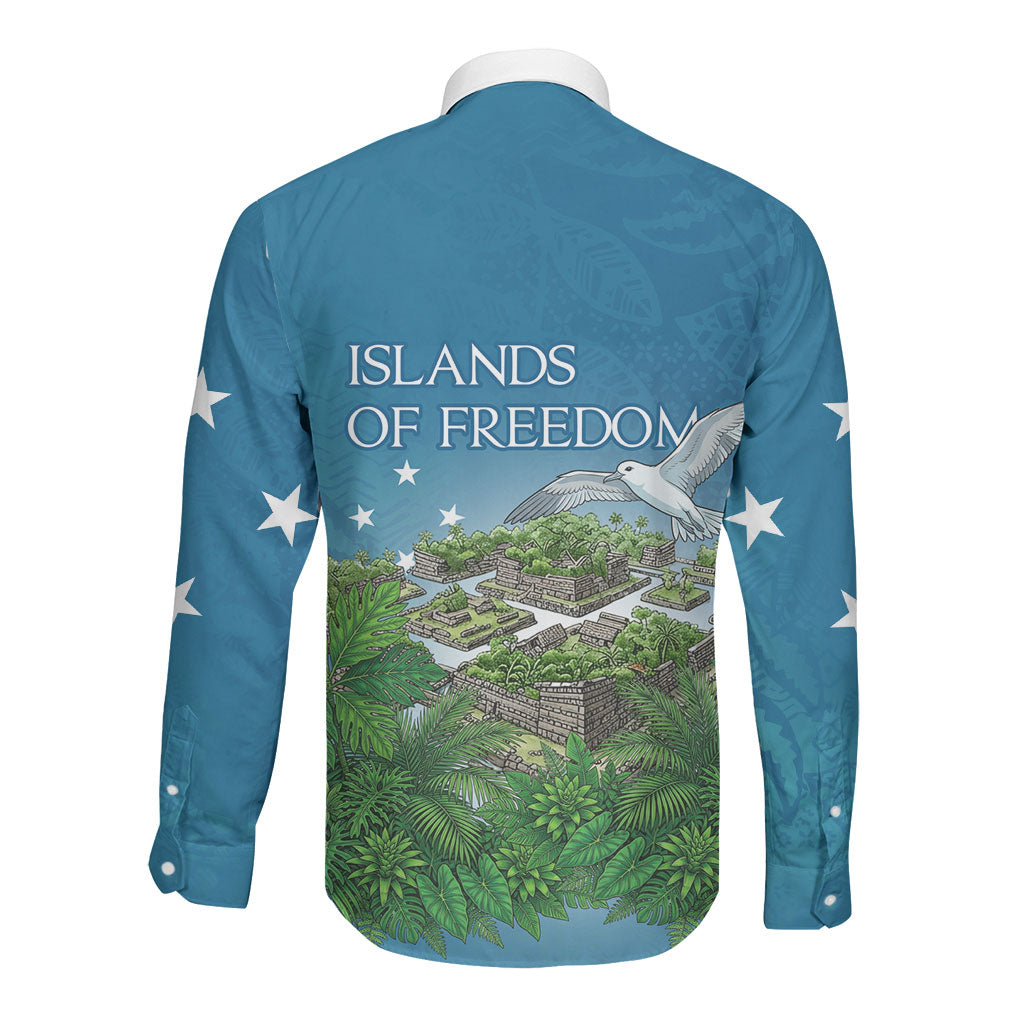 Micronesia Independence Day Long Sleeve Button Shirt FSM Patriotic Pacific Island Nan Madol Ruins Seabird Tropical