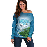 Micronesia Independence Day Off Shoulder Sweater FSM Patriotic Pacific Island Nan Madol Ruins Seabird Tropical