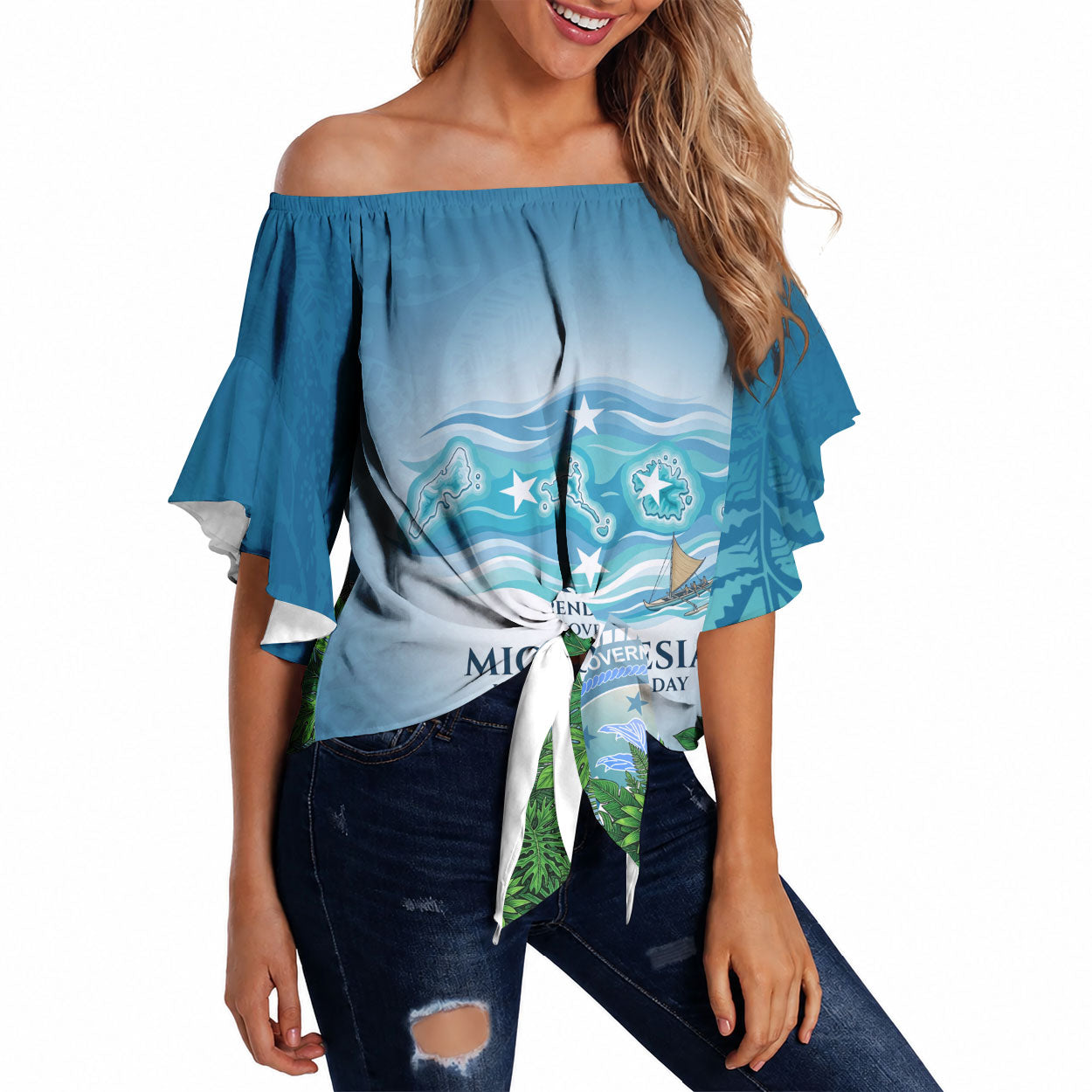 Micronesia Independence Day Off Shoulder Wrap Waist Top FSM Patriotic Pacific Island Nan Madol Ruins Seabird Tropical