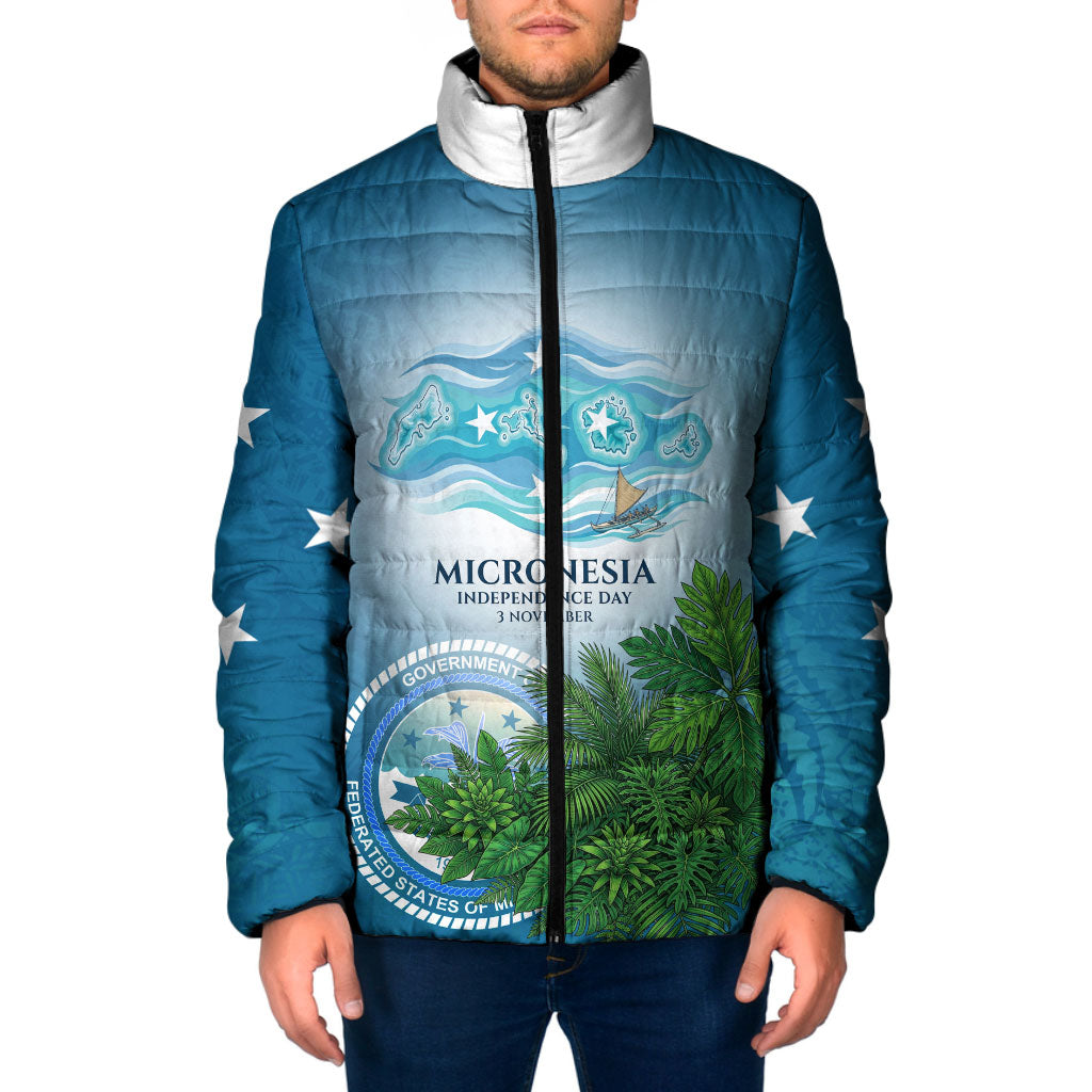 Micronesia Independence Day Padded Jacket FSM Patriotic Pacific Island Nan Madol Ruins Seabird Tropical TS04 Men Blue Green - Polynesian Pride