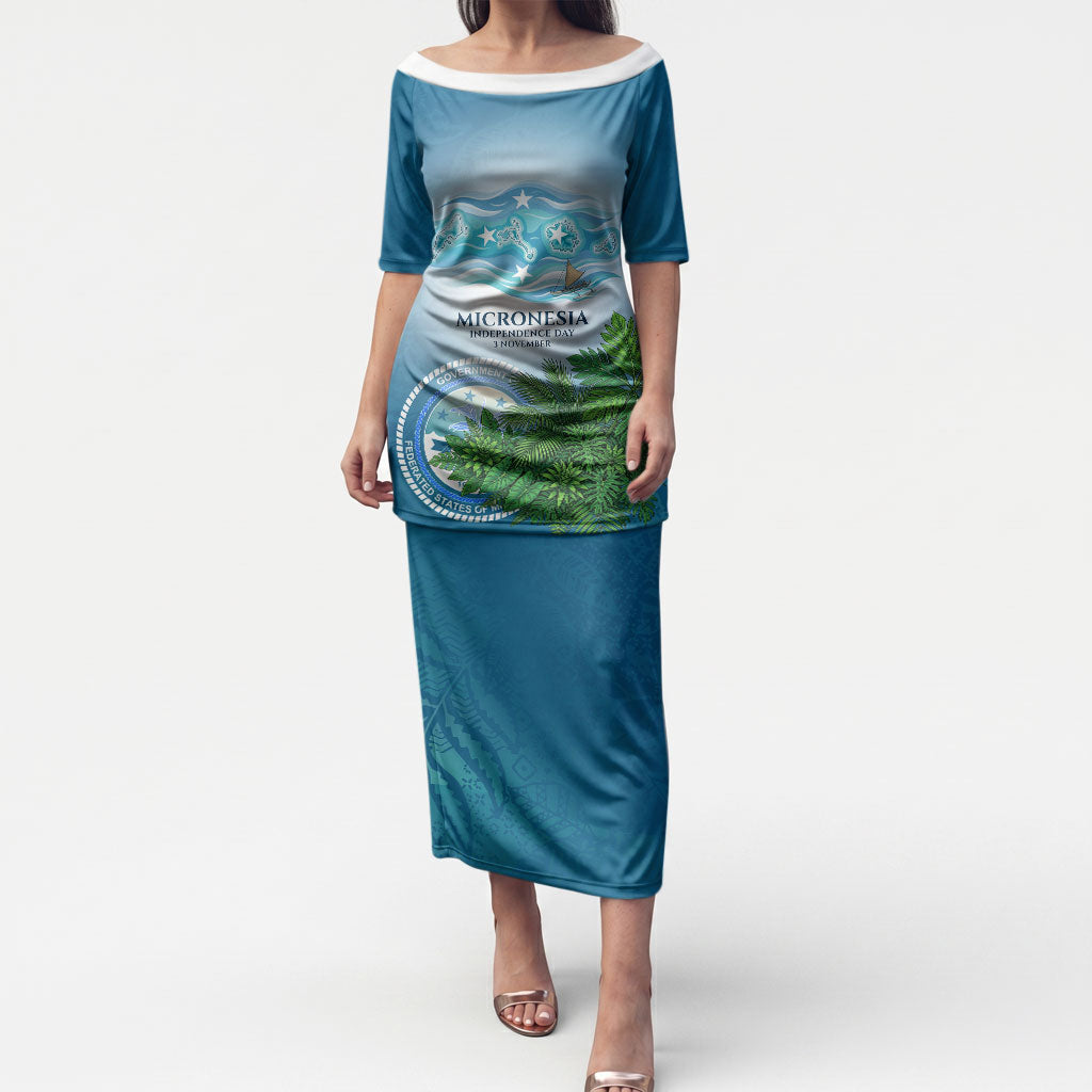 Micronesia Independence Day Puletasi FSM Patriotic Pacific Island Nan Madol Ruins Seabird Tropical TS04 Long Dress Blue Green - Polynesian Pride