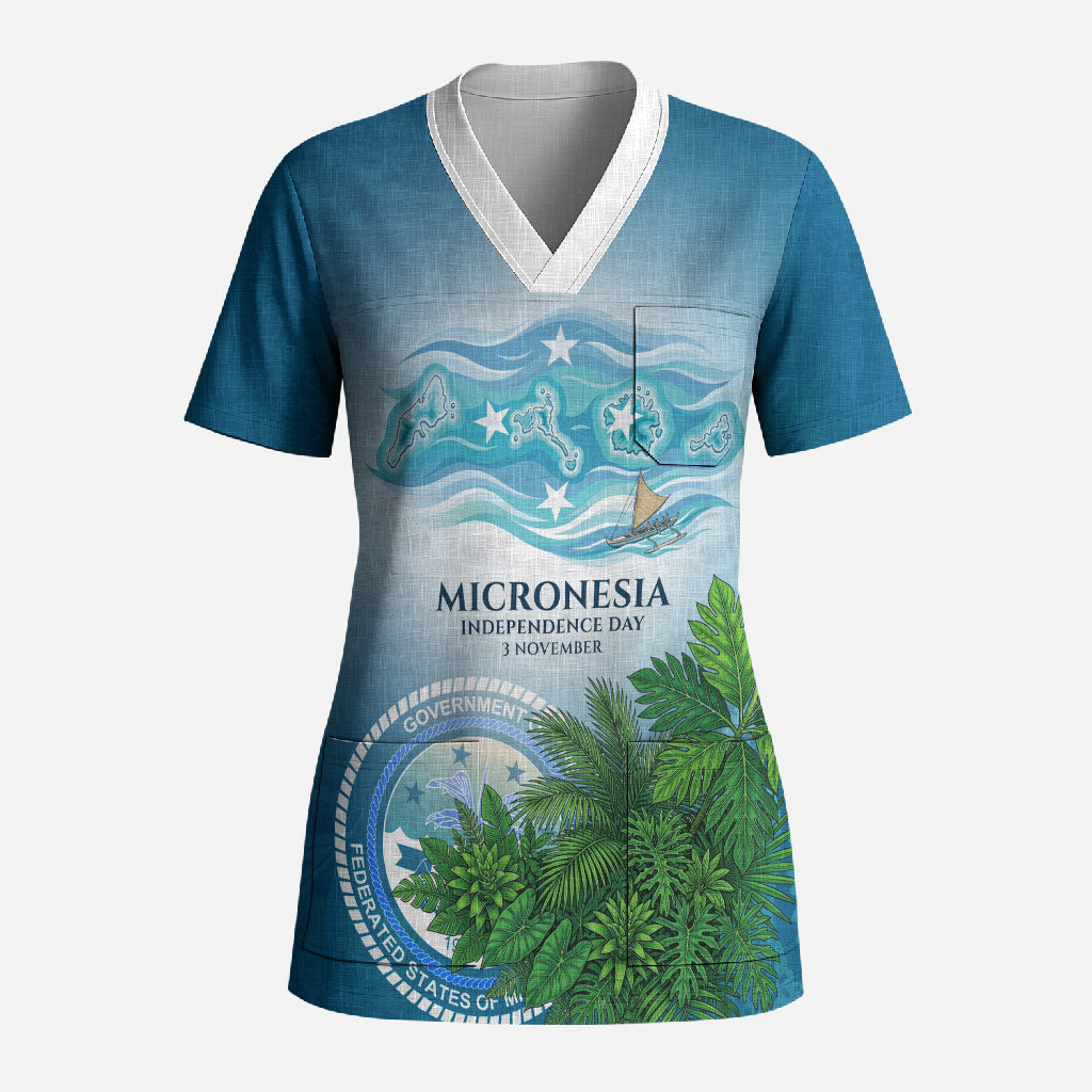 Micronesia Independence Day Scrub Top FSM Patriotic Pacific Island Nan Madol Ruins Seabird Tropical TS04 Adult Blue Green - Polynesian Pride
