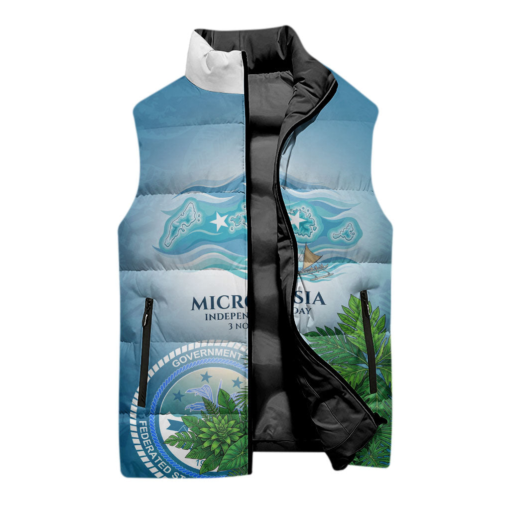 Micronesia Independence Day Sleeveless Puffer Jacket FSM Patriotic Pacific Island Nan Madol Ruins Seabird Tropical