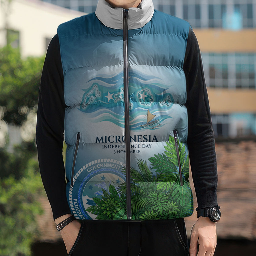 Micronesia Independence Day Sleeveless Puffer Jacket FSM Patriotic Pacific Island Nan Madol Ruins Seabird Tropical