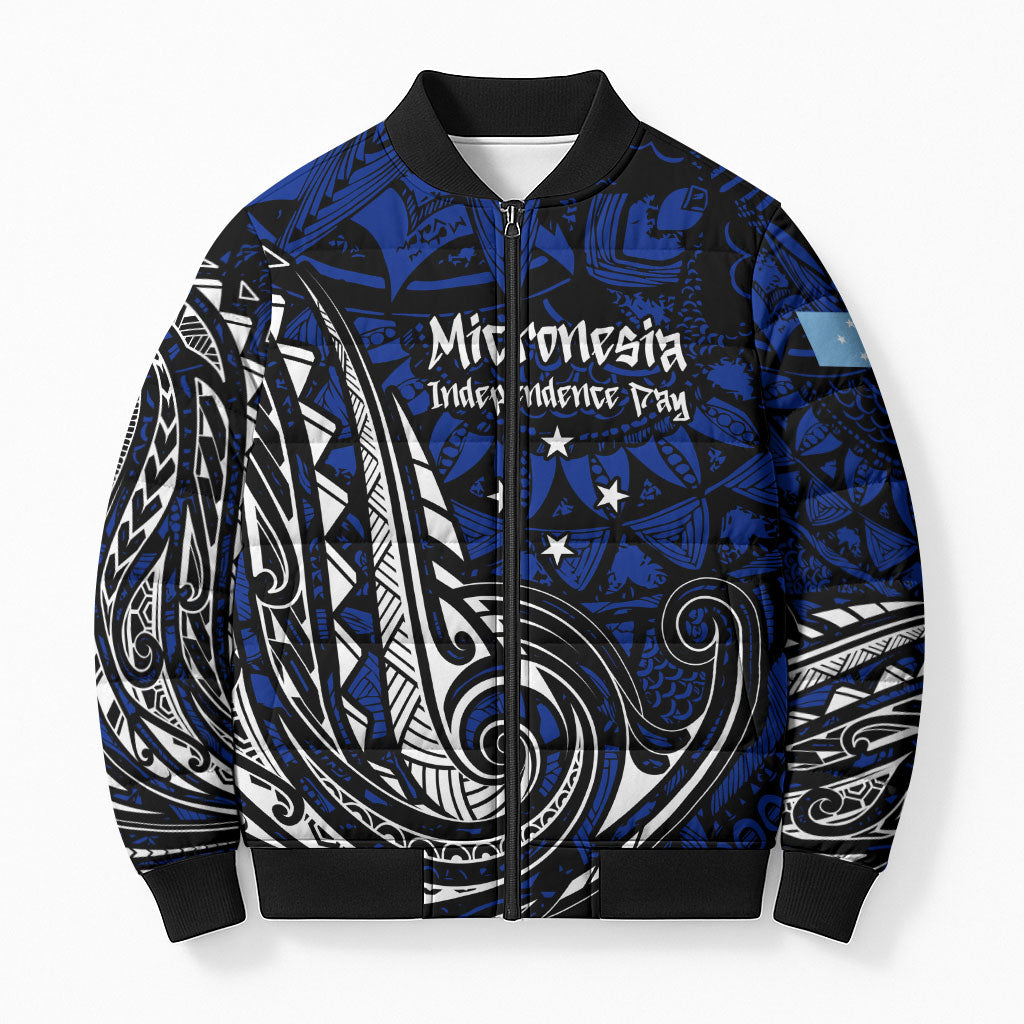 Micronesia Independence Day FSM Bomber Puffer Jacket Tribal Tattoo Pattern Flag Seal Heritage TS04 Unisex Blue Black - Polynesian Pride