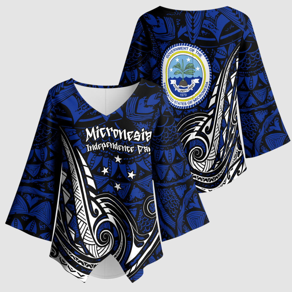 Micronesia Independence Day FSM Kimono Sleeve Blouse Tribal Tattoo Pattern Flag Seal Heritage