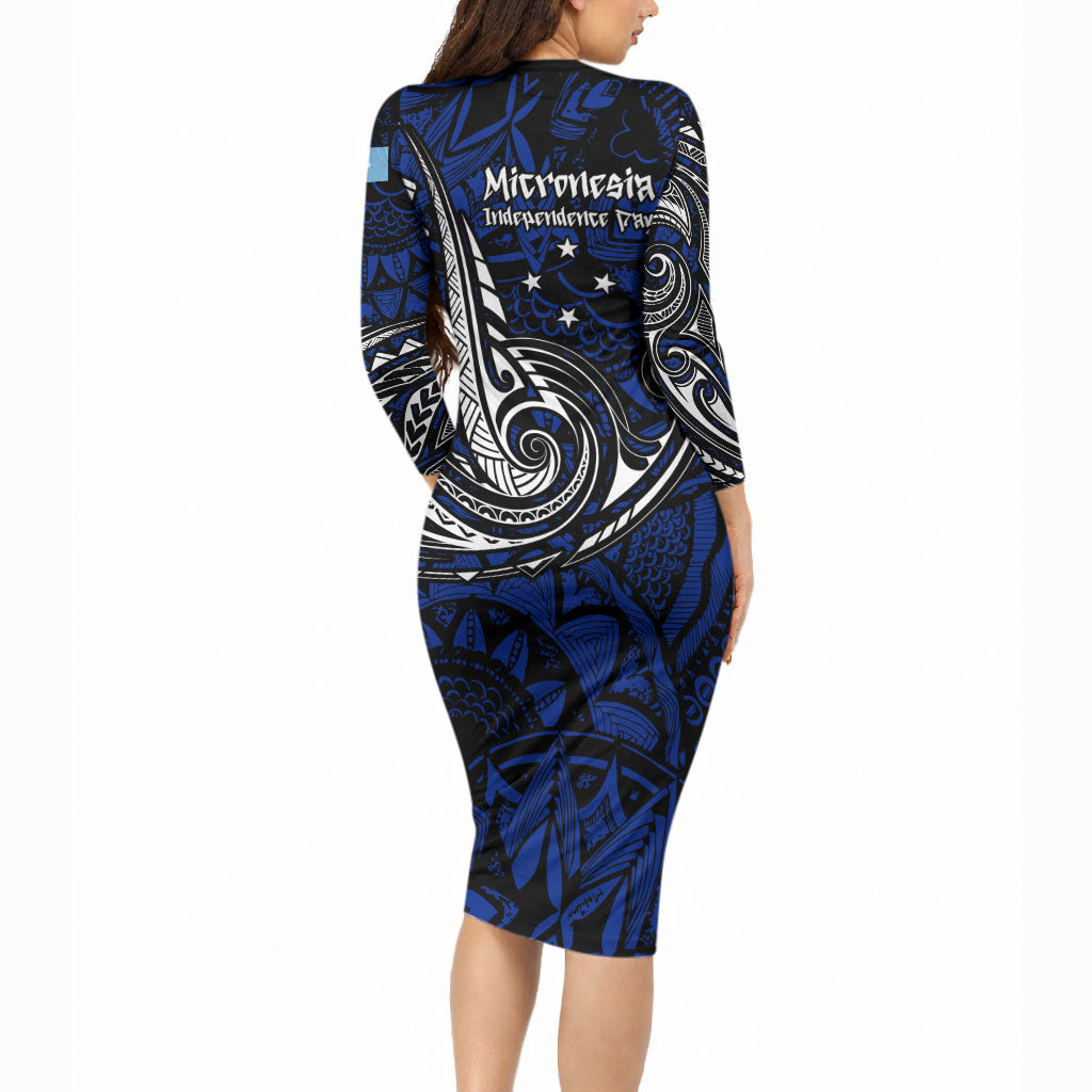 Micronesia Independence Day FSM Long Sleeve Bodycon Dress Tribal Tattoo Pattern Flag Seal Heritage