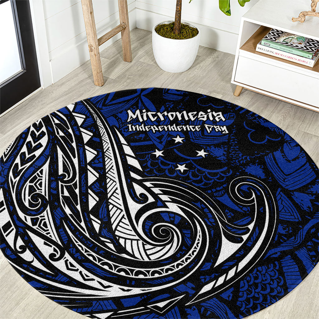 Micronesia Independence Day FSM Round Carpet Tribal Tattoo Pattern Flag Seal Heritage TS04 Blue Black - Polynesian Pride