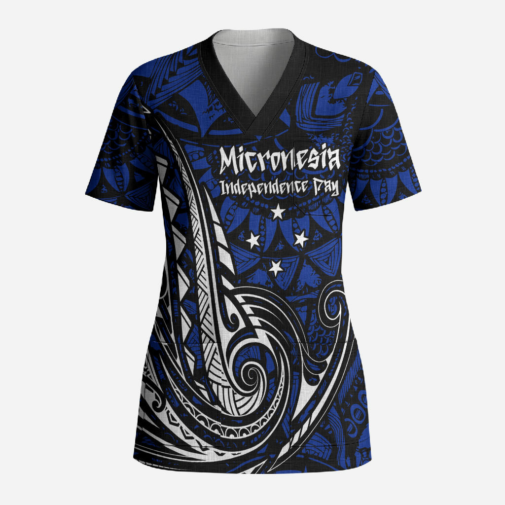 Micronesia Independence Day FSM Scrub Top Tribal Tattoo Pattern Flag Seal Heritage TS04 Adult Blue Black - Polynesian Pride