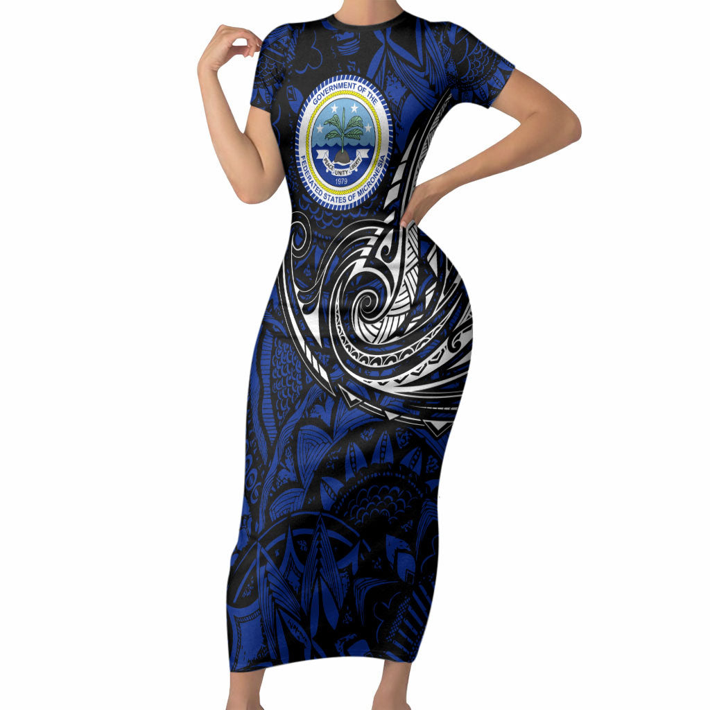 Micronesia Independence Day FSM Short Sleeve Bodycon Dress Tribal Tattoo Pattern Flag Seal Heritage