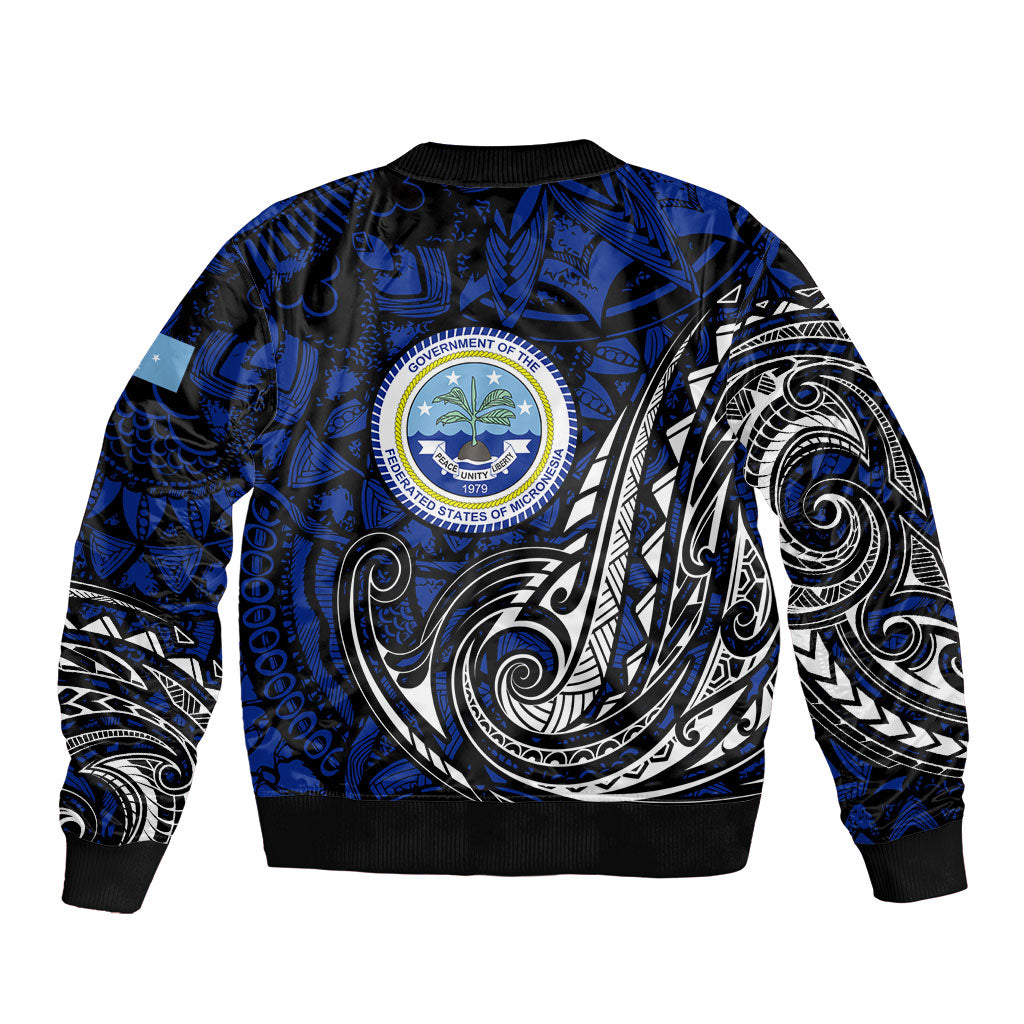 Micronesia Independence Day FSM Sleeve Zip Bomber Jacket Tribal Tattoo Pattern Flag Seal Heritage