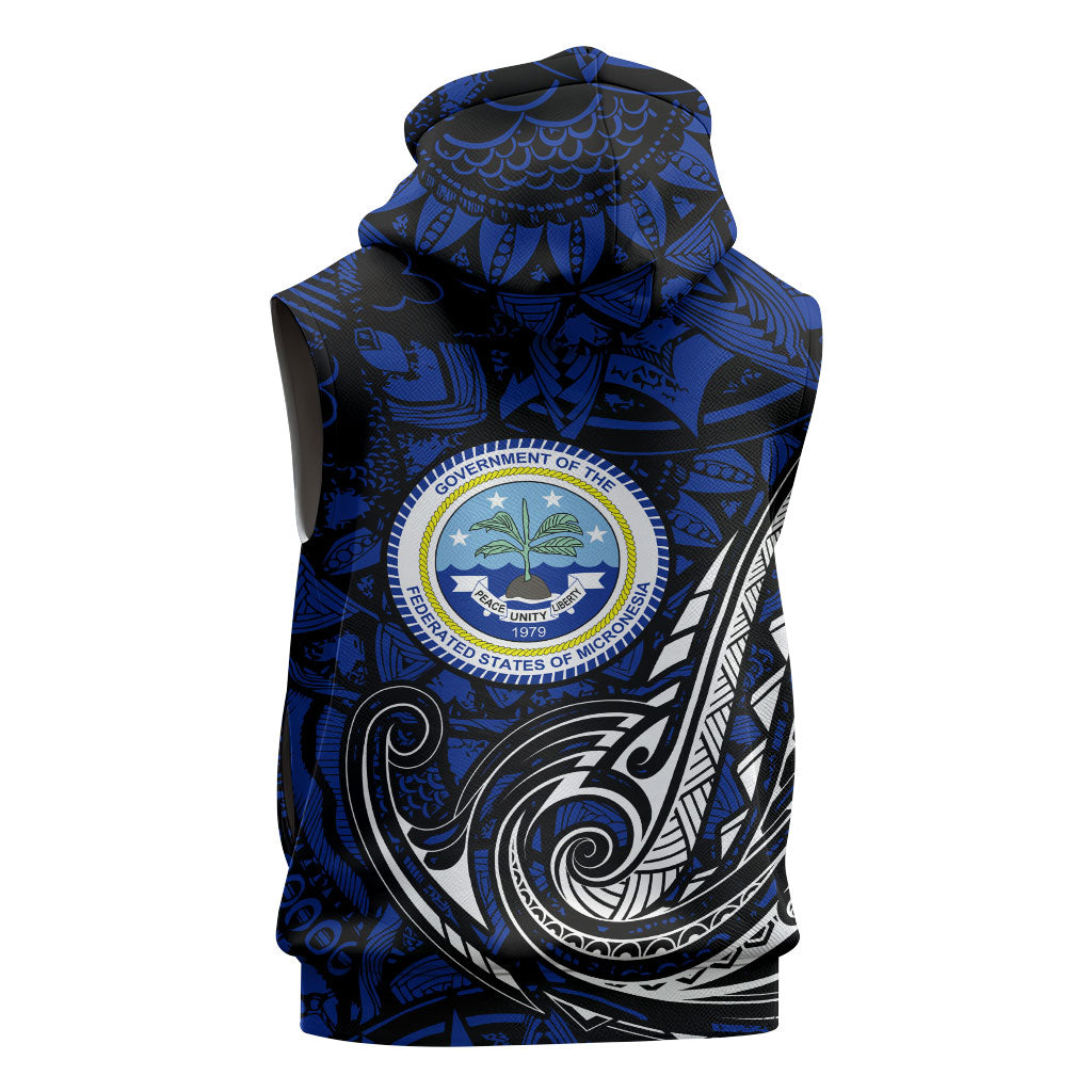 Micronesia Independence Day FSM Sleeveless Hoodie Tribal Tattoo Pattern Flag Seal Heritage