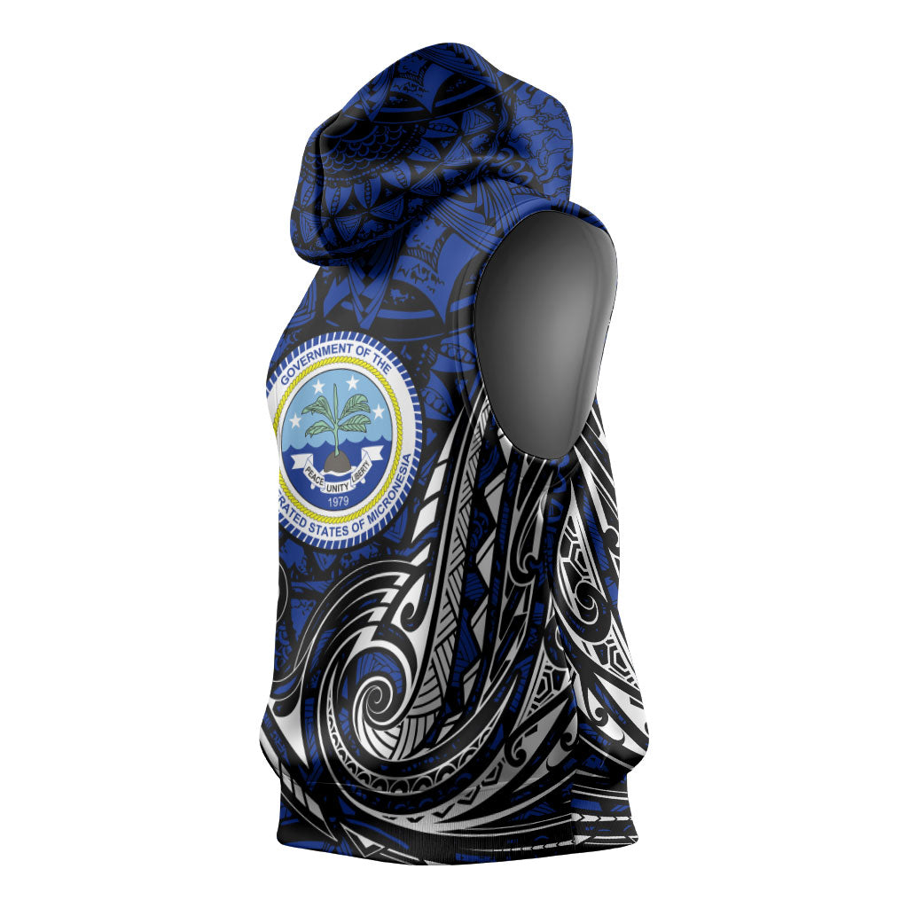 Micronesia Independence Day FSM Sleeveless Hoodie Tribal Tattoo Pattern Flag Seal Heritage