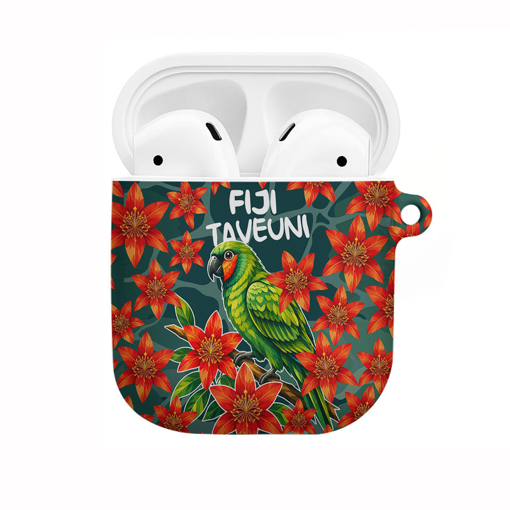Fiji Taveuni Parrot AirPods Case Tropical Waterfall Landscape With Floral Tribal Pattern TS04 Green Orange - Polynesian Pride