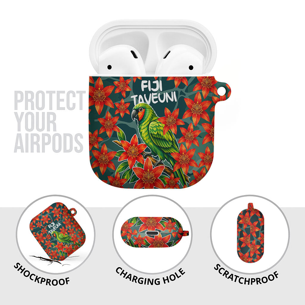Fiji Taveuni Parrot AirPods Case Tropical Waterfall Landscape With Floral Tribal Pattern TS04 - Polynesian Pride