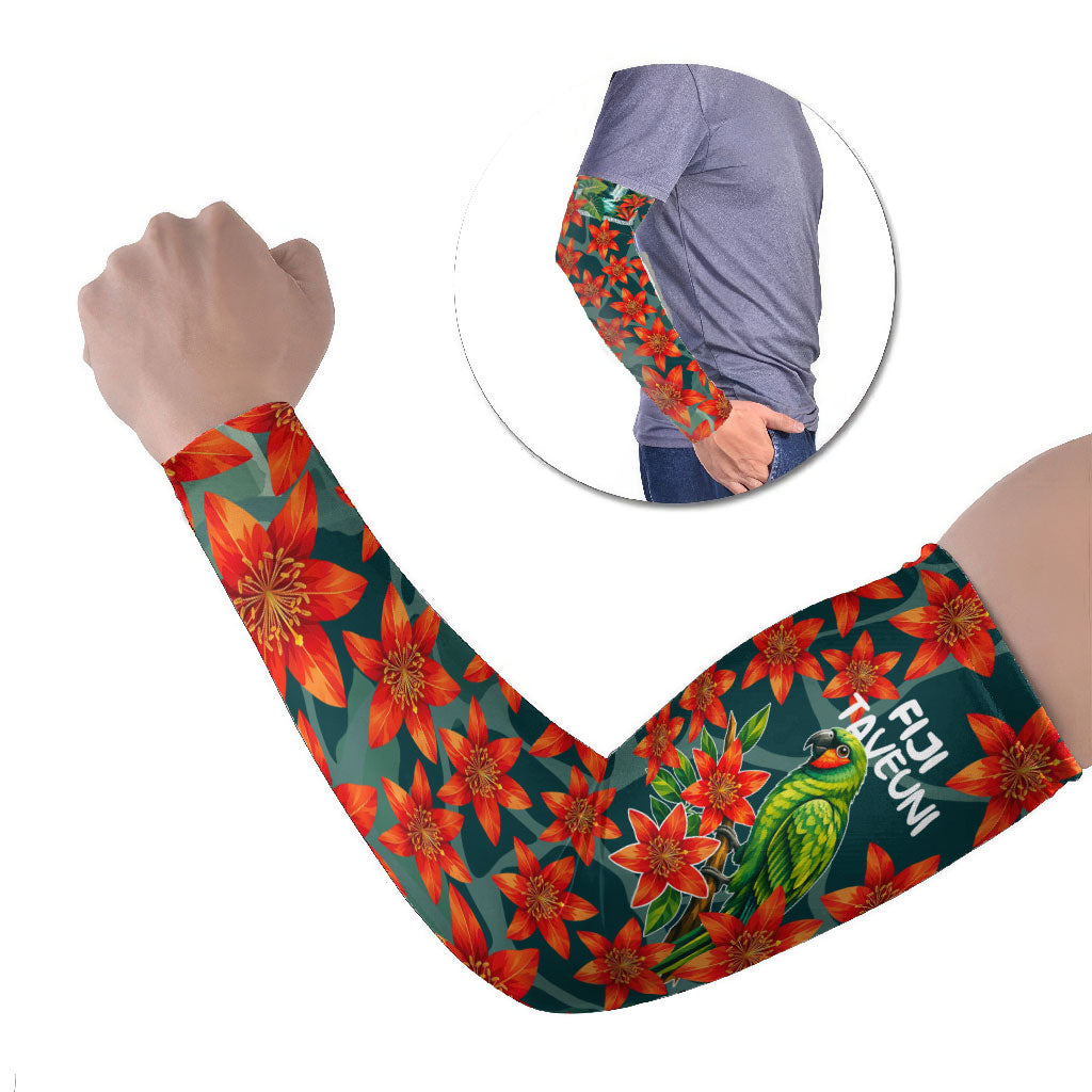 Fiji Taveuni Parrot Arm Sleeves Tropical Waterfall Landscape With Floral Tribal Pattern TS04 Set of 2 Green Orange - Polynesian Pride