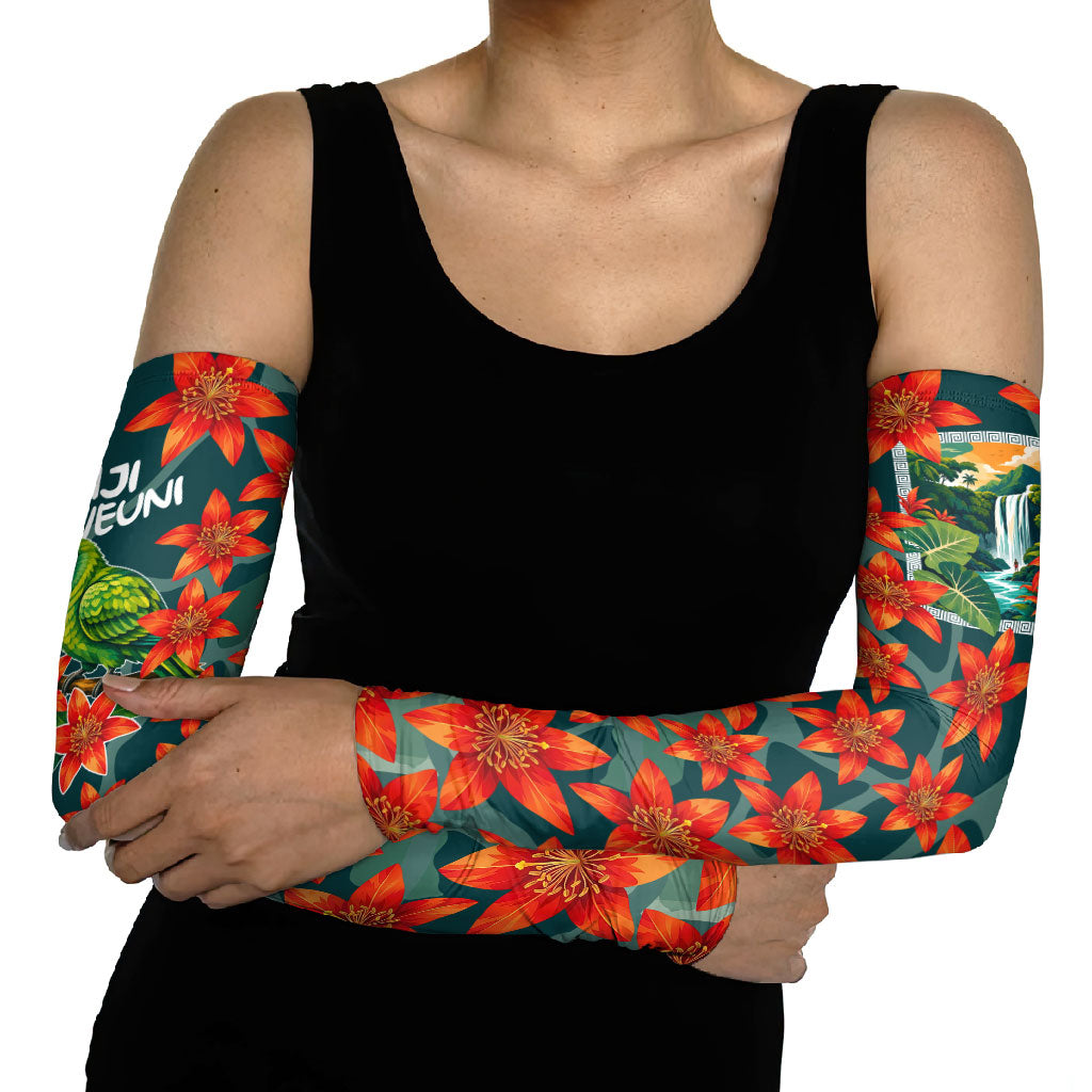 Fiji Taveuni Parrot Arm Sleeves Tropical Waterfall Landscape With Floral Tribal Pattern TS04 - Polynesian Pride