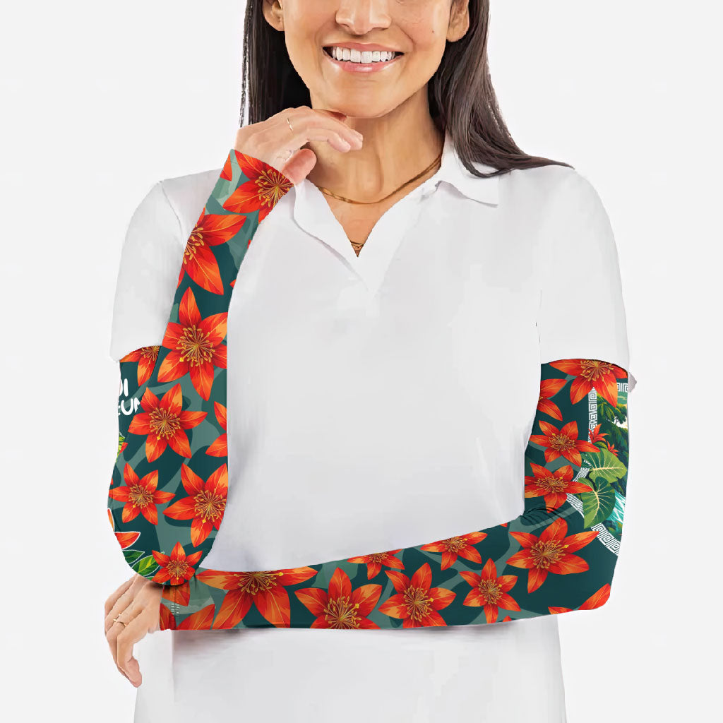 Fiji Taveuni Parrot Arm Sleeves Tropical Waterfall Landscape With Floral Tribal Pattern TS04 - Polynesian Pride