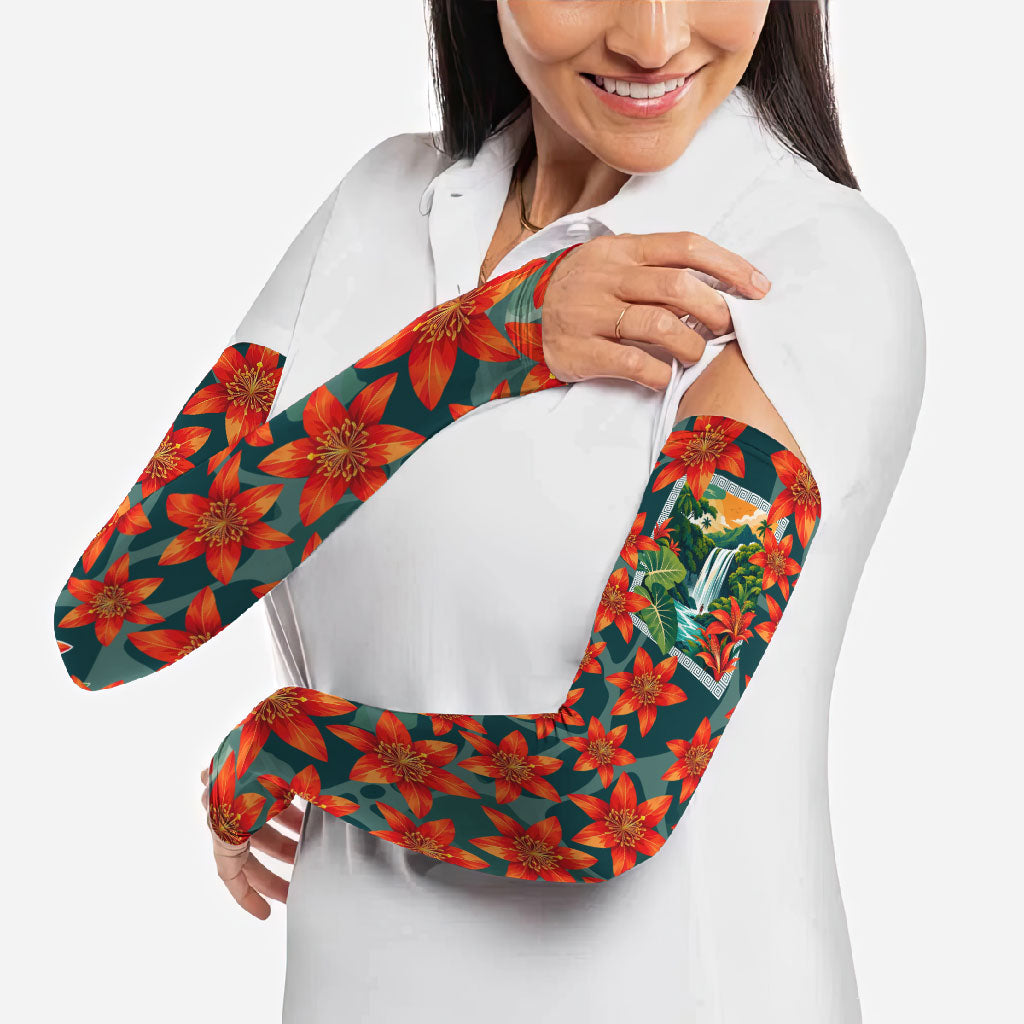 Fiji Taveuni Parrot Arm Sleeves Tropical Waterfall Landscape With Floral Tribal Pattern TS04 - Polynesian Pride