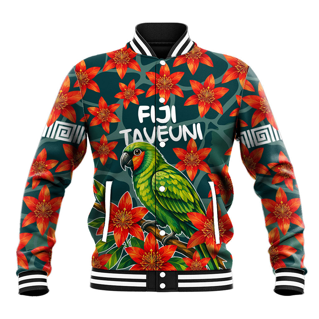 Fiji Taveuni Parrot Baseball Jacket Tropical Waterfall Landscape With Floral Tribal Pattern TS04 Unisex Green Orange - Polynesian Pride