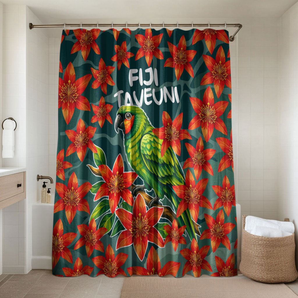Fiji Taveuni Parrot Bathroom Set Tropical Waterfall Landscape With Floral Tribal Pattern TS04 Shower Curtain Only Green Orange - Polynesian Pride