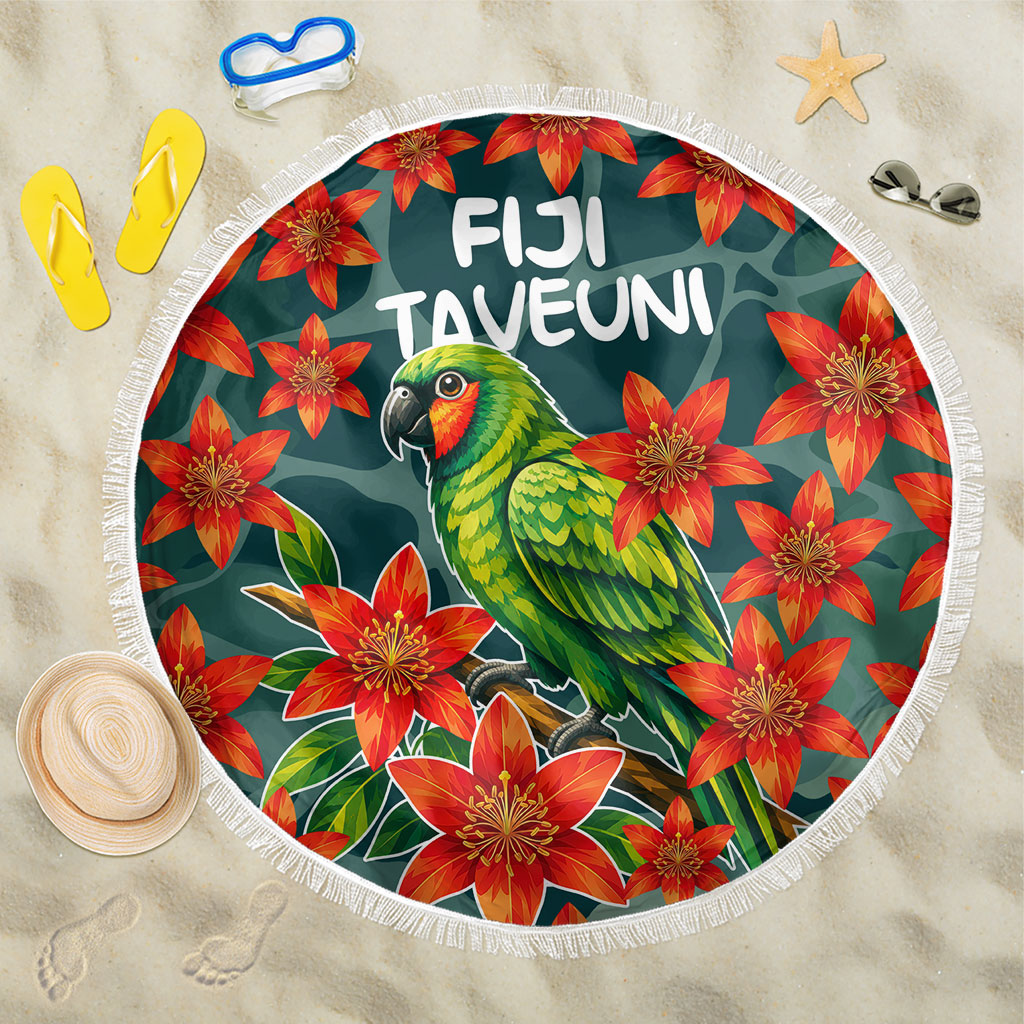 Fiji Taveuni Parrot Beach Blanket Tropical Waterfall Landscape With Floral Tribal Pattern TS04 One Size 150cm Green Orange - Polynesian Pride