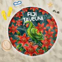 Fiji Taveuni Parrot Beach Blanket Tropical Waterfall Landscape With Floral Tribal Pattern TS04 One Size 150cm Green Orange - Polynesian Pride