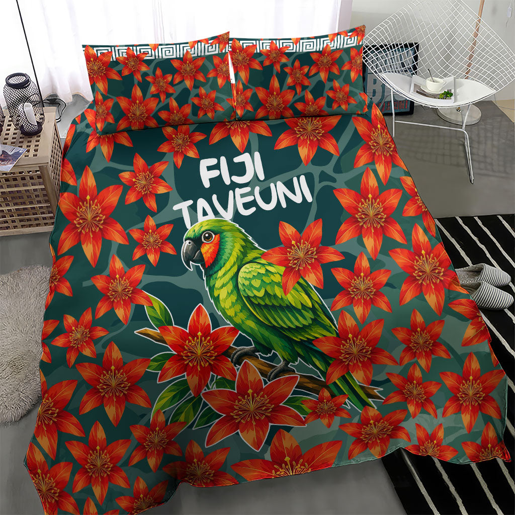 Fiji Taveuni Parrot Bedding Set Tropical Waterfall Landscape With Floral Tribal Pattern TS04 - Polynesian Pride