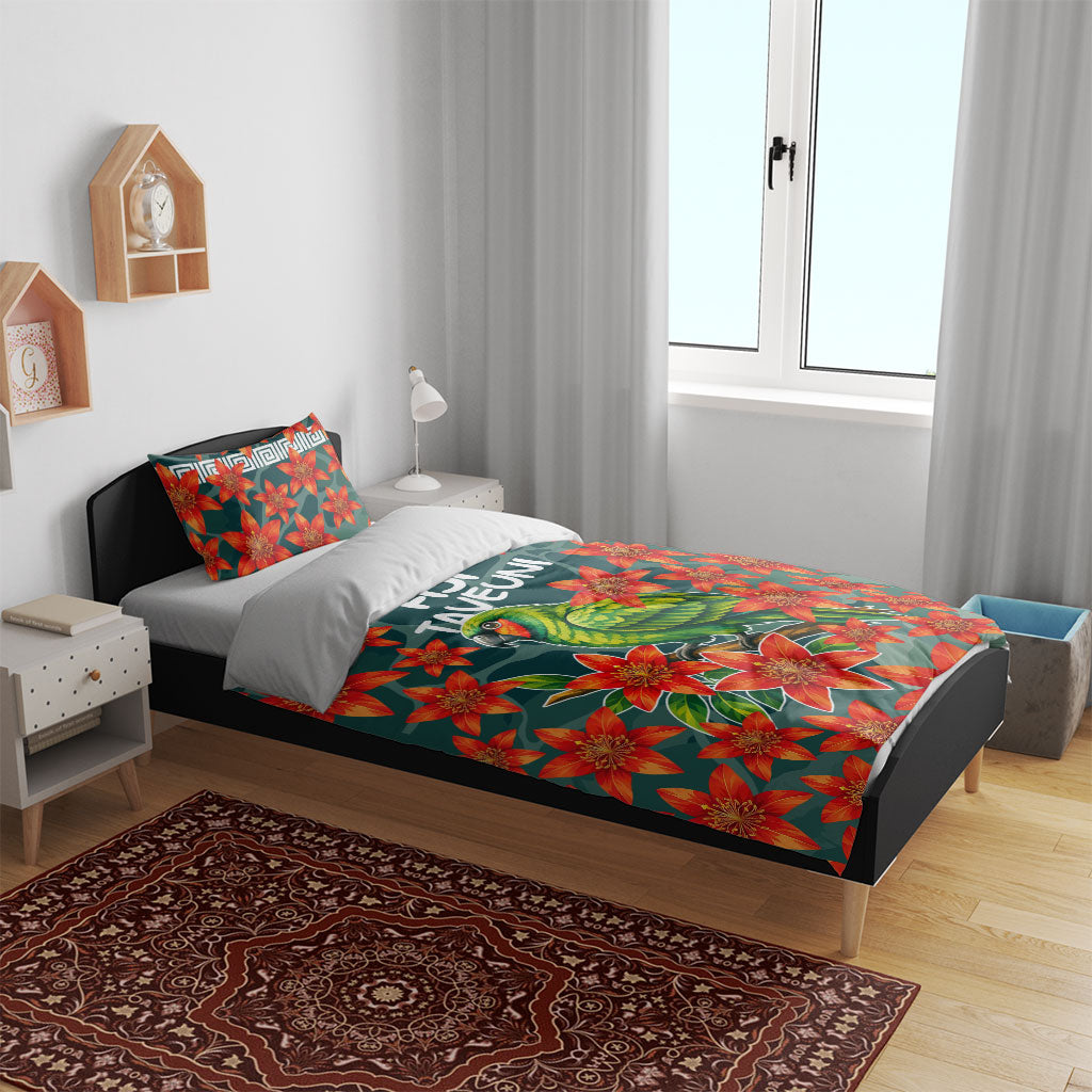 Fiji Taveuni Parrot Bedding Set Tropical Waterfall Landscape With Floral Tribal Pattern TS04 - Polynesian Pride