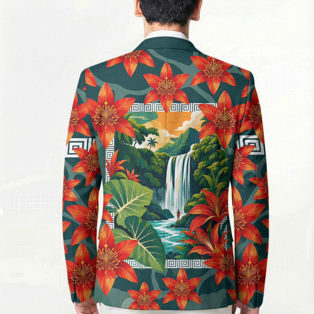 Fiji Taveuni Parrot Blazer Tropical Waterfall Landscape With Floral Tribal Pattern TS04 - Polynesian Pride