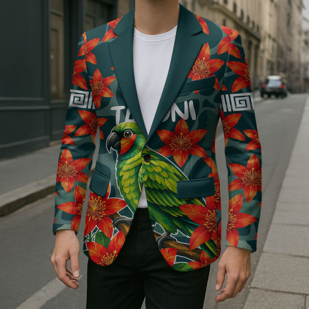 Fiji Taveuni Parrot Blazer Tropical Waterfall Landscape With Floral Tribal Pattern TS04 - Polynesian Pride