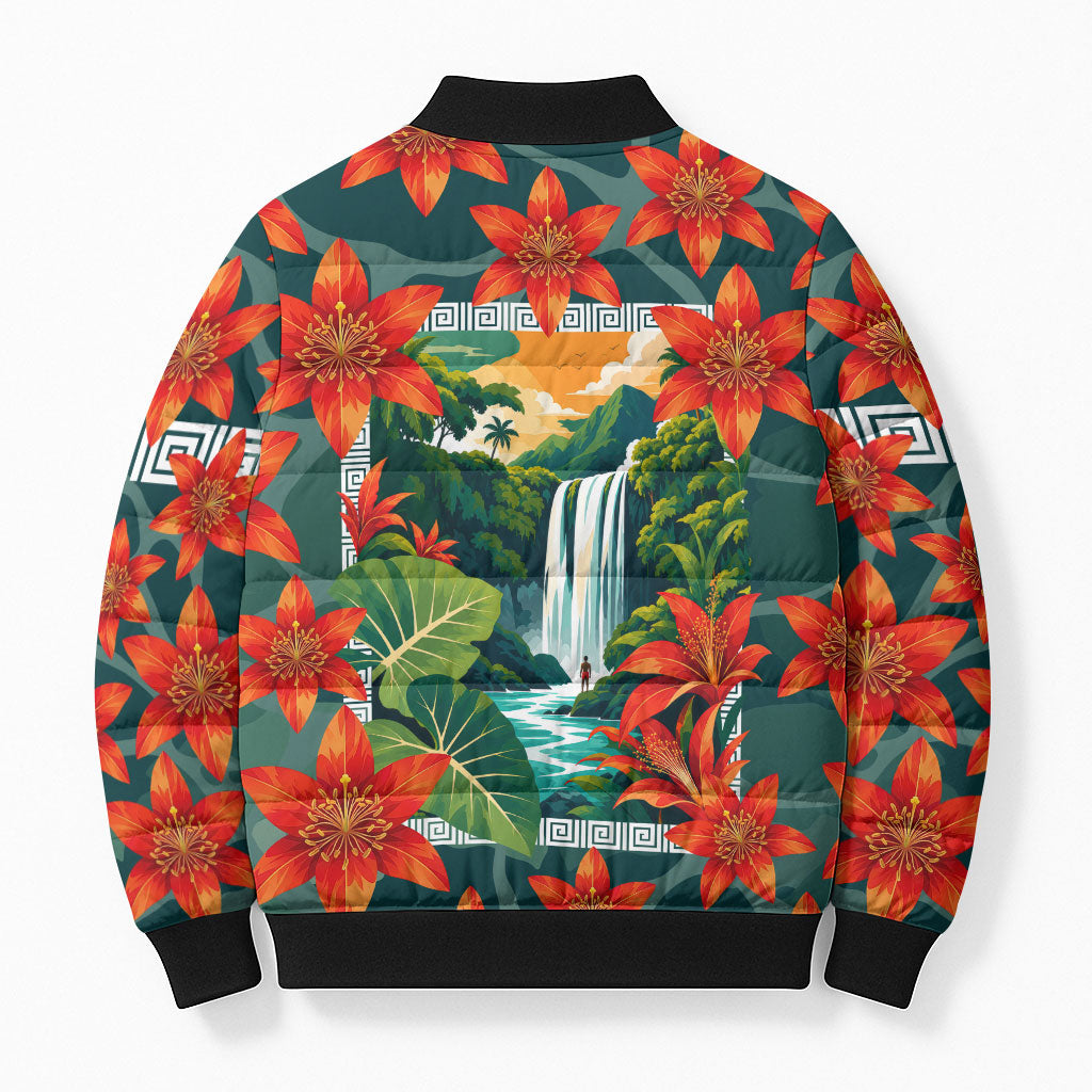Fiji Taveuni Parrot Bomber Puffer Jacket Tropical Waterfall Landscape With Floral Tribal Pattern TS04 - Polynesian Pride
