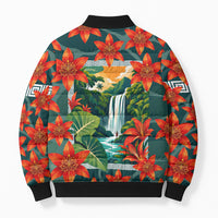 Fiji Taveuni Parrot Bomber Puffer Jacket Tropical Waterfall Landscape With Floral Tribal Pattern TS04 - Polynesian Pride