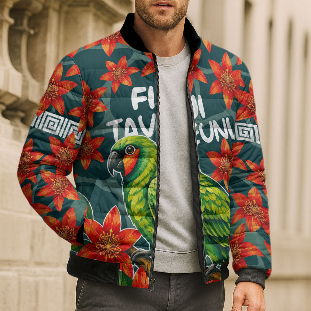 Fiji Taveuni Parrot Bomber Puffer Jacket Tropical Waterfall Landscape With Floral Tribal Pattern TS04 - Polynesian Pride