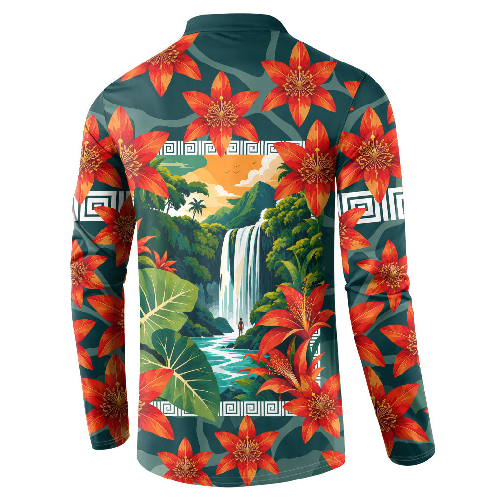 Fiji Taveuni Parrot Button Sweatshirt Tropical Waterfall Landscape With Floral Tribal Pattern TS04 - Polynesian Pride