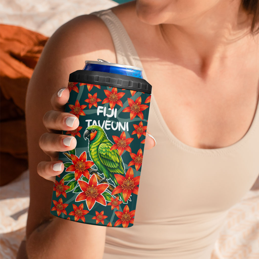 Fiji Taveuni Parrot 4 in 1 Can Cooler Tumbler Tropical Waterfall Landscape With Floral Tribal Pattern TS04 - Polynesian Pride