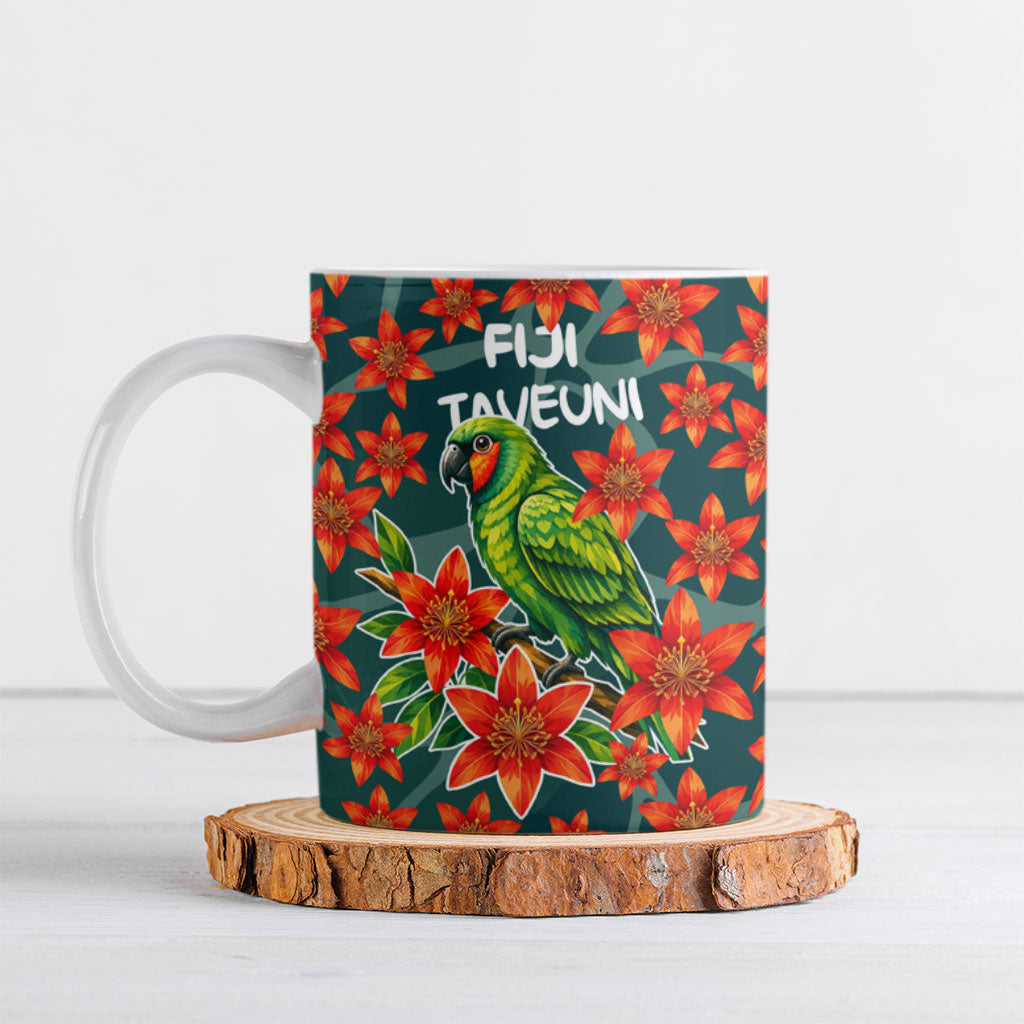 Fiji Taveuni Parrot Ceramic Mug Tropical Waterfall Landscape With Floral Tribal Pattern TS04 Green Orange - Polynesian Pride