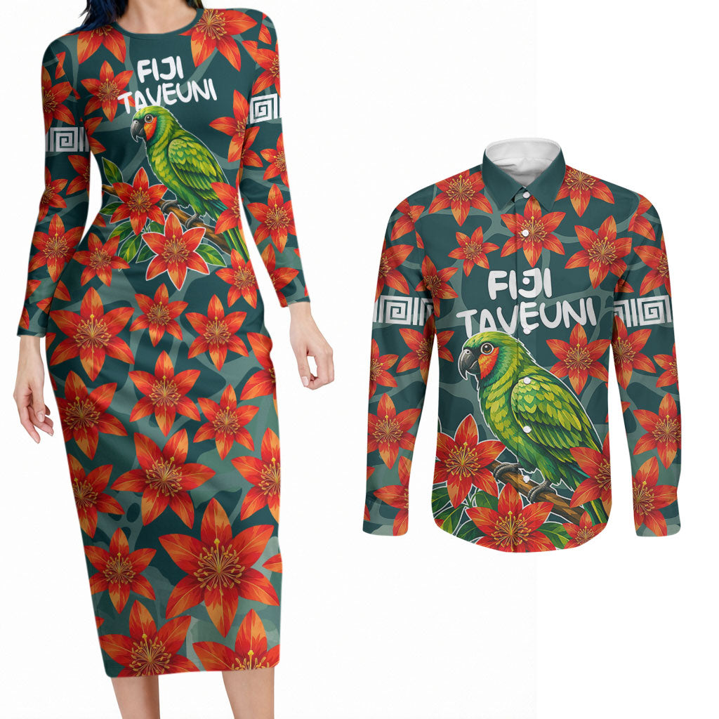 Fiji Taveuni Parrot Couples Matching Long Sleeve Bodycon Dress and Long Sleeve Button Shirt Tropical Waterfall Landscape With Floral Tribal Pattern TS04 Green Orange - Polynesian Pride