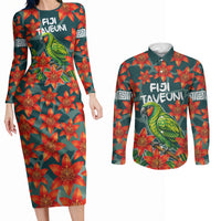 Fiji Taveuni Parrot Couples Matching Long Sleeve Bodycon Dress and Long Sleeve Button Shirt Tropical Waterfall Landscape With Floral Tribal Pattern TS04 Green Orange - Polynesian Pride