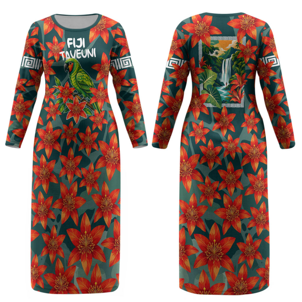 Fiji Taveuni Parrot Couples Matching Long Sleeve Bodycon Dress and Long Sleeve Button Shirt Tropical Waterfall Landscape With Floral Tribal Pattern TS04 - Polynesian Pride