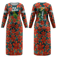 Fiji Taveuni Parrot Couples Matching Long Sleeve Bodycon Dress and Long Sleeve Button Shirt Tropical Waterfall Landscape With Floral Tribal Pattern TS04 - Polynesian Pride