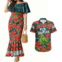 Fiji Taveuni Parrot Couples Matching Mermaid Dress and Hawaiian Shirt Tropical Waterfall Landscape With Floral Tribal Pattern TS04 Green Orange - Polynesian Pride