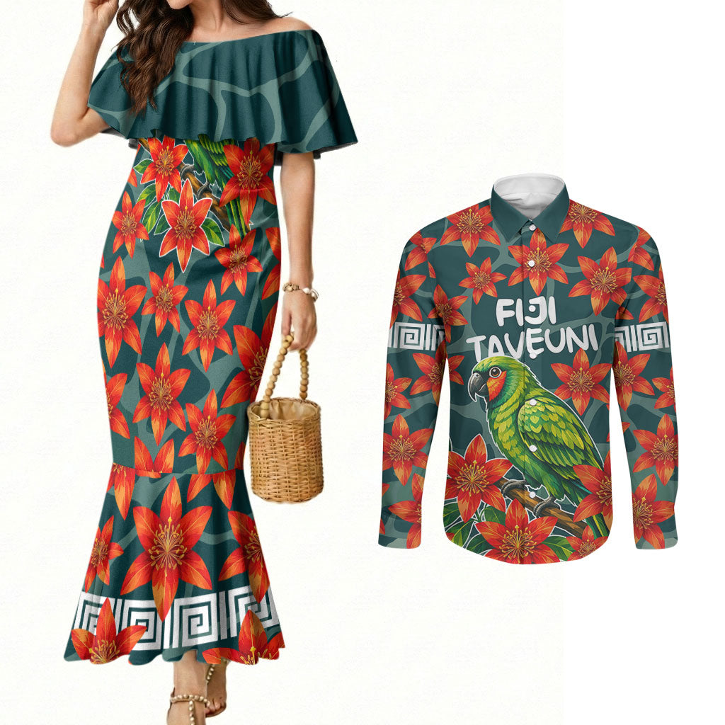 Fiji Taveuni Parrot Couples Matching Mermaid Dress and Long Sleeve Button Shirt Tropical Waterfall Landscape With Floral Tribal Pattern TS04 Green Orange - Polynesian Pride