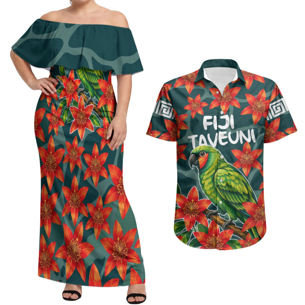 Fiji Taveuni Parrot Couples Matching Off Shoulder Maxi Dress and Hawaiian Shirt Tropical Waterfall Landscape With Floral Tribal Pattern TS04 Green Orange - Polynesian Pride