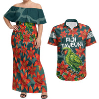 Fiji Taveuni Parrot Couples Matching Off Shoulder Maxi Dress and Hawaiian Shirt Tropical Waterfall Landscape With Floral Tribal Pattern TS04 Green Orange - Polynesian Pride