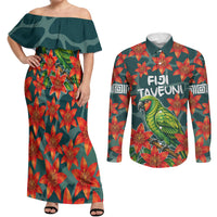 Fiji Taveuni Parrot Couples Matching Off Shoulder Maxi Dress and Long Sleeve Button Shirt Tropical Waterfall Landscape With Floral Tribal Pattern TS04 Green Orange - Polynesian Pride
