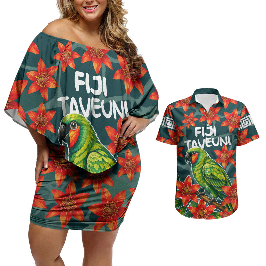 Fiji Taveuni Parrot Couples Matching Off Shoulder Short Dress and Hawaiian Shirt Tropical Waterfall Landscape With Floral Tribal Pattern TS04 Green Orange - Polynesian Pride